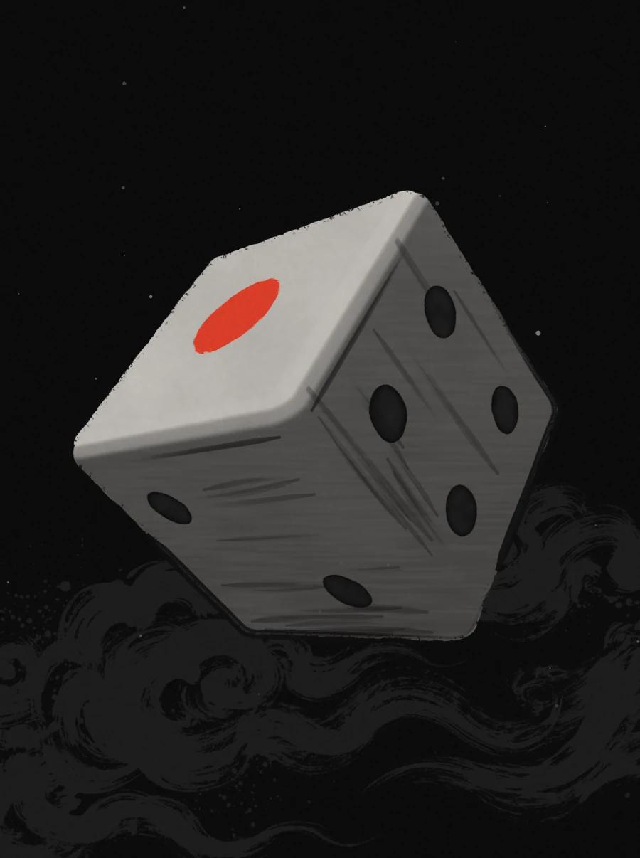 Decidora: an ink-painted die turning in the dark, its single pip the vermilion sun.