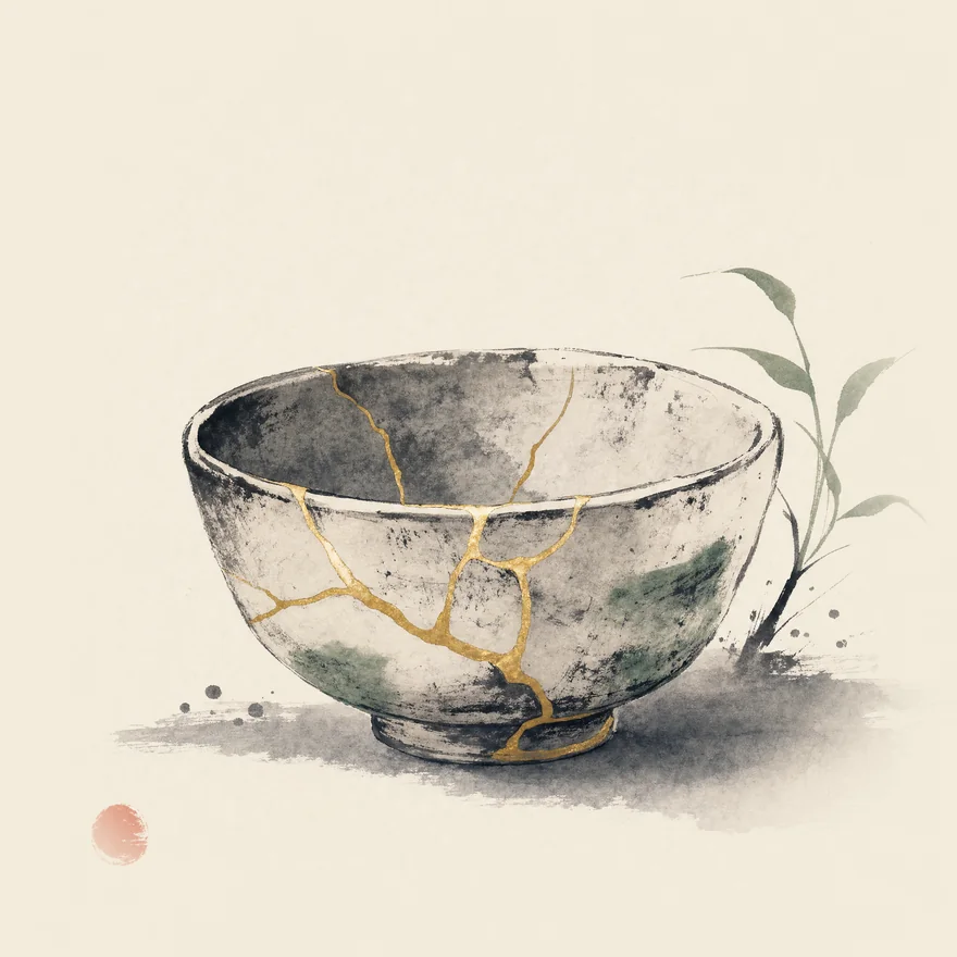Sumi-e üslubunda kintsugi çay çanağı — çatlakları altınla onarılmış