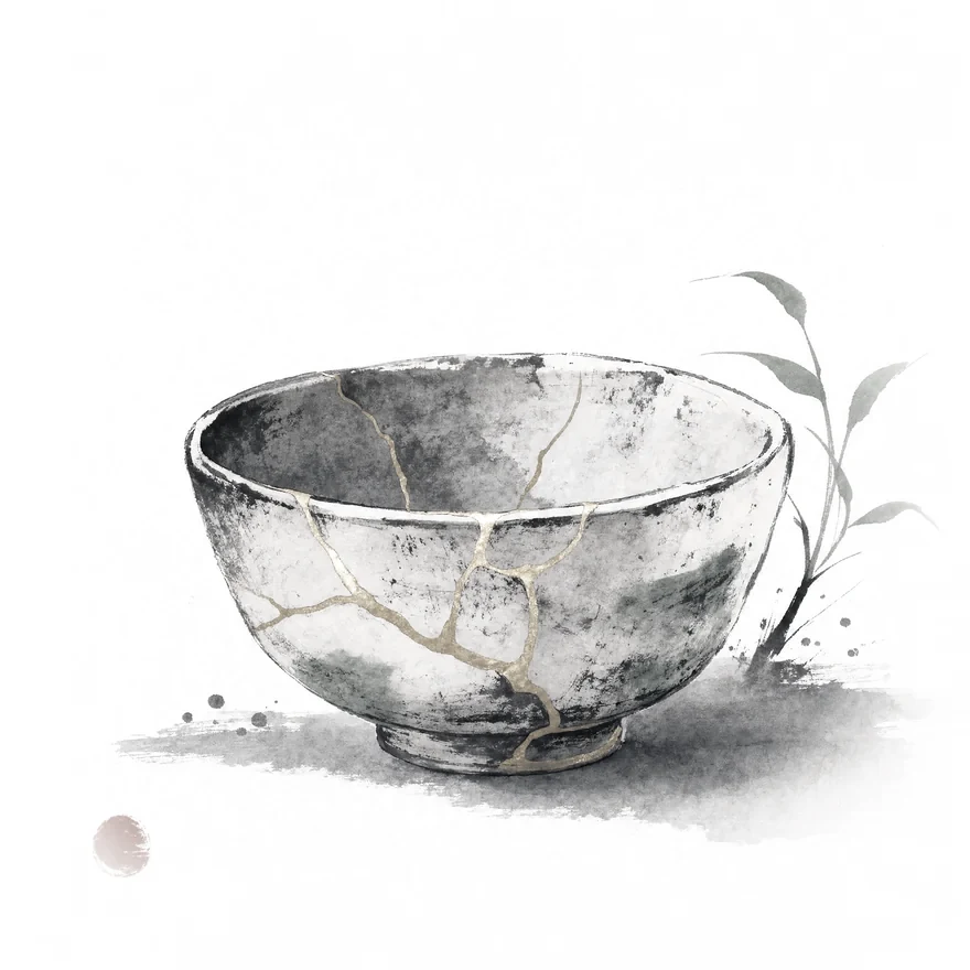 A sumi-e kintsugi tea bowl, its cracks mended with gold