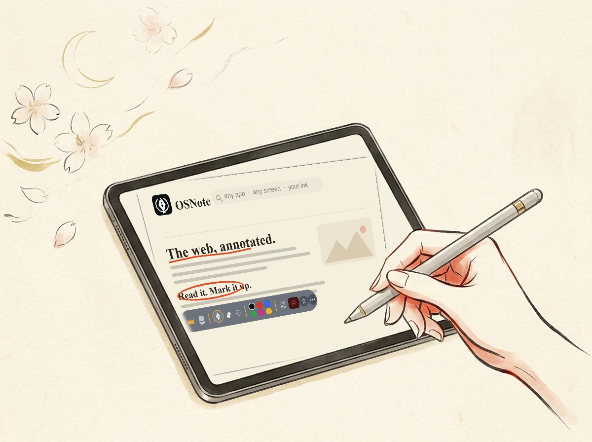 OSNote — the floating handwriting toolbar over a page on a tablet, a stylus annotating it