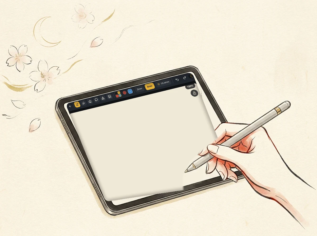 OSNote — tablette bir sayfanın üstünde yüzen el yazısı araç çubuğu, kalemle işaretleniyor