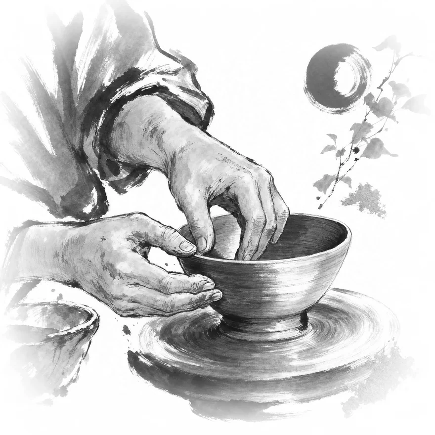 Sumi-e hands shaping a bowl at the potter’s wheel