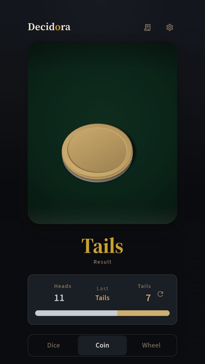 The coin screen: the result is tails; the counter shows 11 heads and 7 tails.