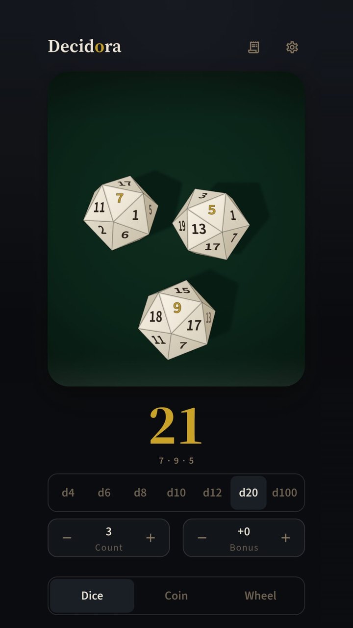 Three twenty-sided dice showing 7, 9 and 5, total 21; below, the dice type picker and the count and bonus counters.